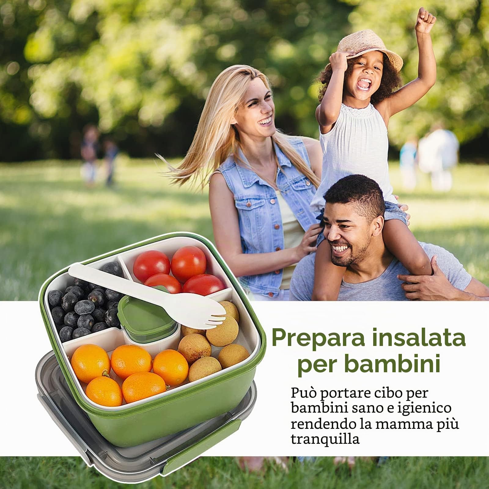 Greentainer Lunchbox Bento Box a prova di perdite con 1 forchetta, contenitore per insalata con contenitore per condimento, 3 scomparti, ideale per scuola, lavoro, picnic, viaggi, campeggio