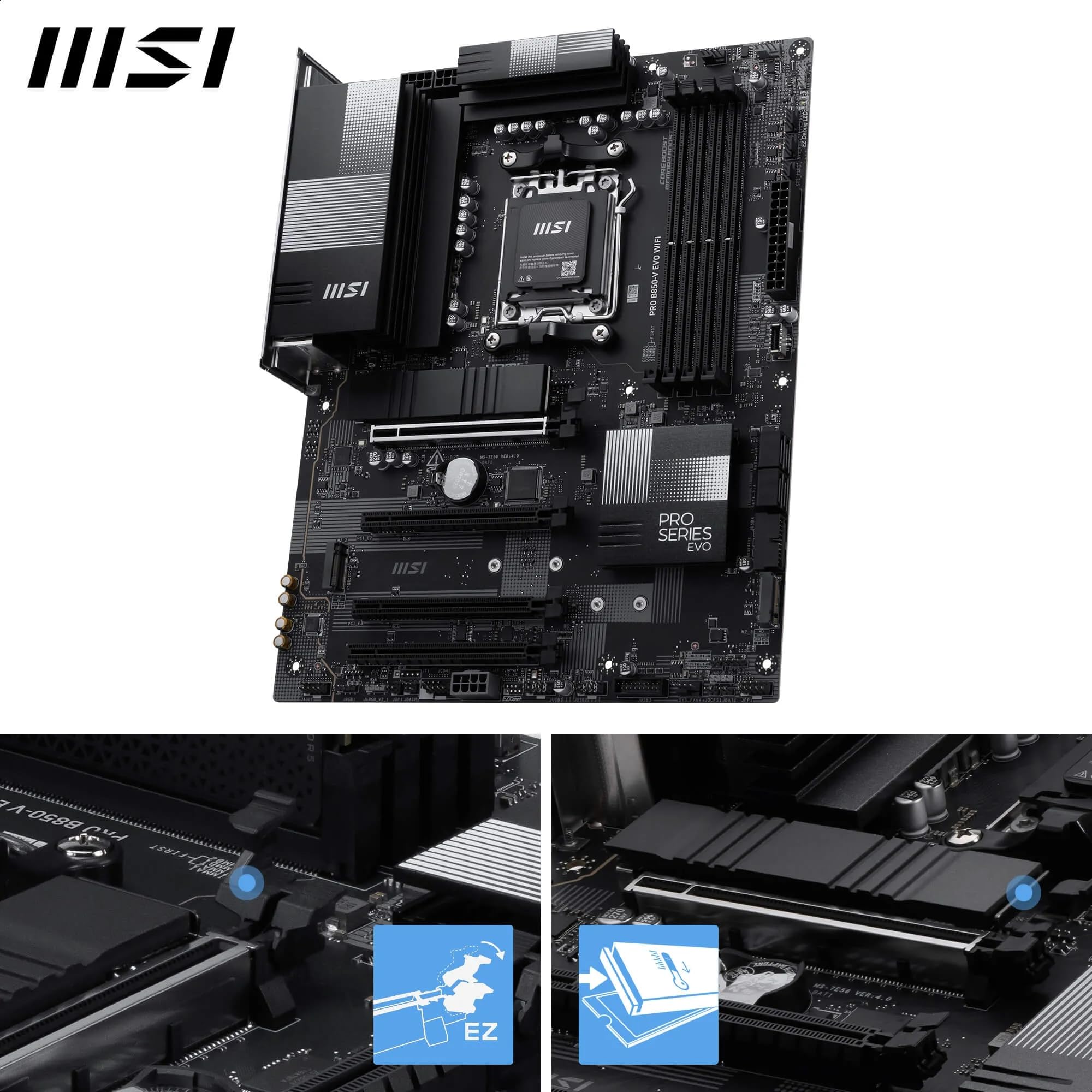 MSI Scheda madre PRO B850-V EVO WiFi, ATX, supporta processori AMD Ryzen 9000/8000/7000, AM5 - Boost di memoria DDR5 (fino a 8200+ MT/s OC), PCIe 5.0 x16, M.2 Gen5, Wi-Fi 7, 5G LAN