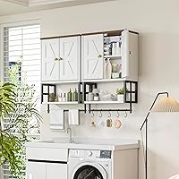 Vista 2 de Farmhouse Medicine Cabinet - 3-Tier Wall Mounted Storage Organizer with Adjustable Shelves, Towel Bar, 5 Hooksfor Small Bathroom, Laundry Room, Over