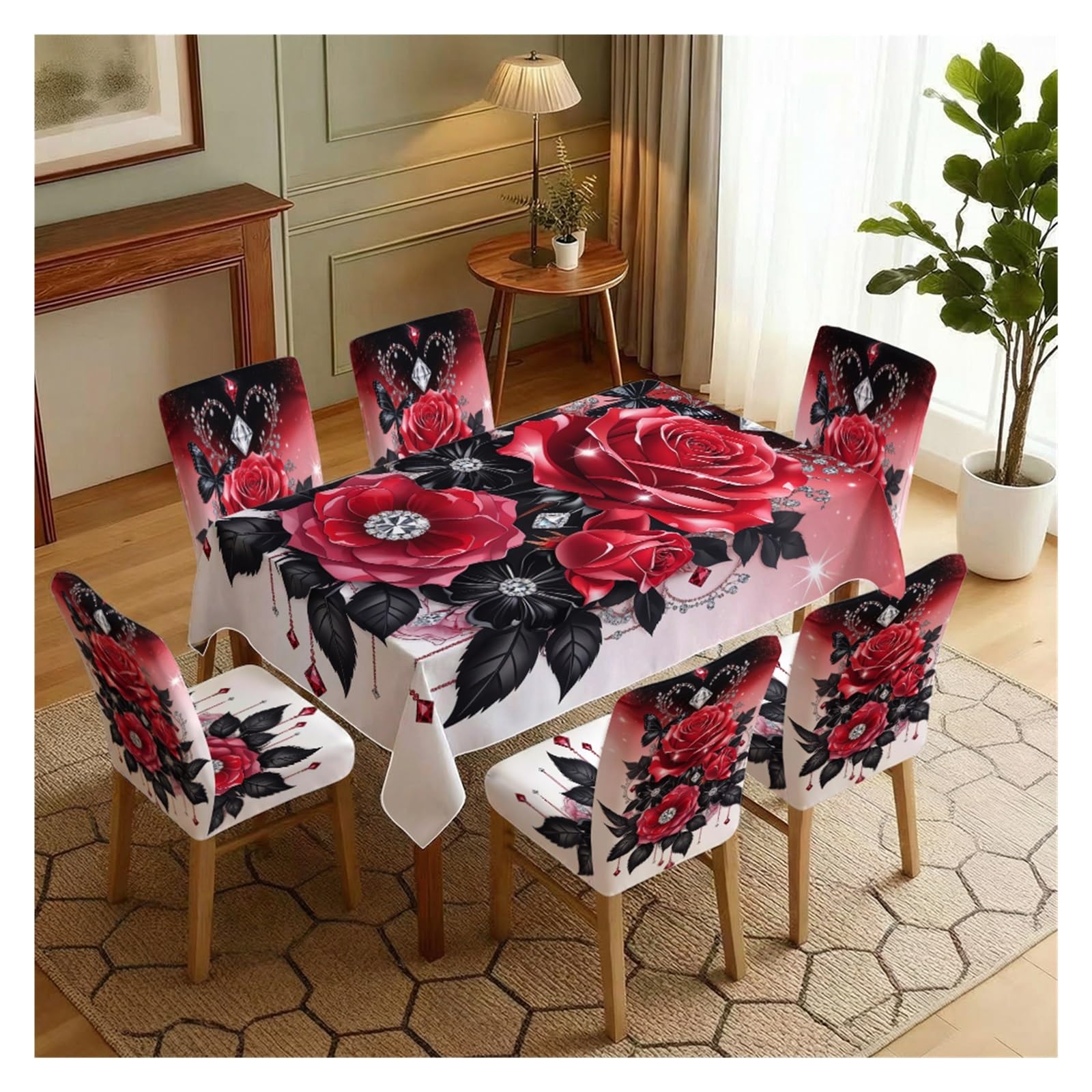 KXUAUV Red Rose & Crystal Black Butterfly Print Tablecloth And Chair Covers Set, Stretch Slipcovers For Gothic Party Dining Room Decor, 5/7 Pack Party Decor(7pcs Set: Tablecloth+Chair Covers)