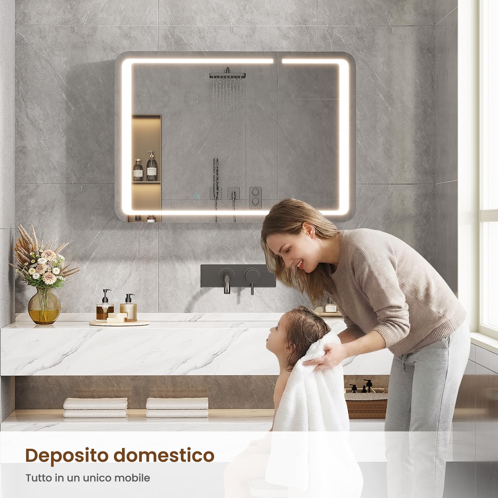 Specchio Bagno con Luce LED Regolabile, Specchio Bagno Contenitore 80x15x60 cm con Presa Elettrica, 2 Ante Specchiera Bagno con Ripiani Regolabili, Specchio Grande HD, Pulsante Touch, Bianco