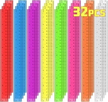32 Pack Clear Plastic Ruler 12 Inch Rulers Bulk for Classroom Transparent.