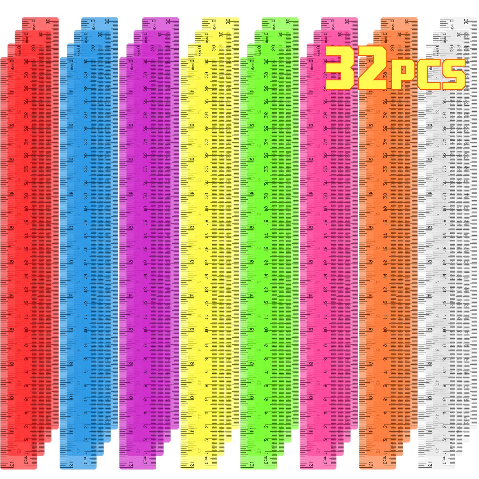 32 Pack Clear Plastic Ruler 12 Inch, Rulers Bulk for Classroom, Transparent Assorted Color Ruler with Centimeters and Inches, Metric Rulers for Kids, Ideal Back to School Office Home Supplies