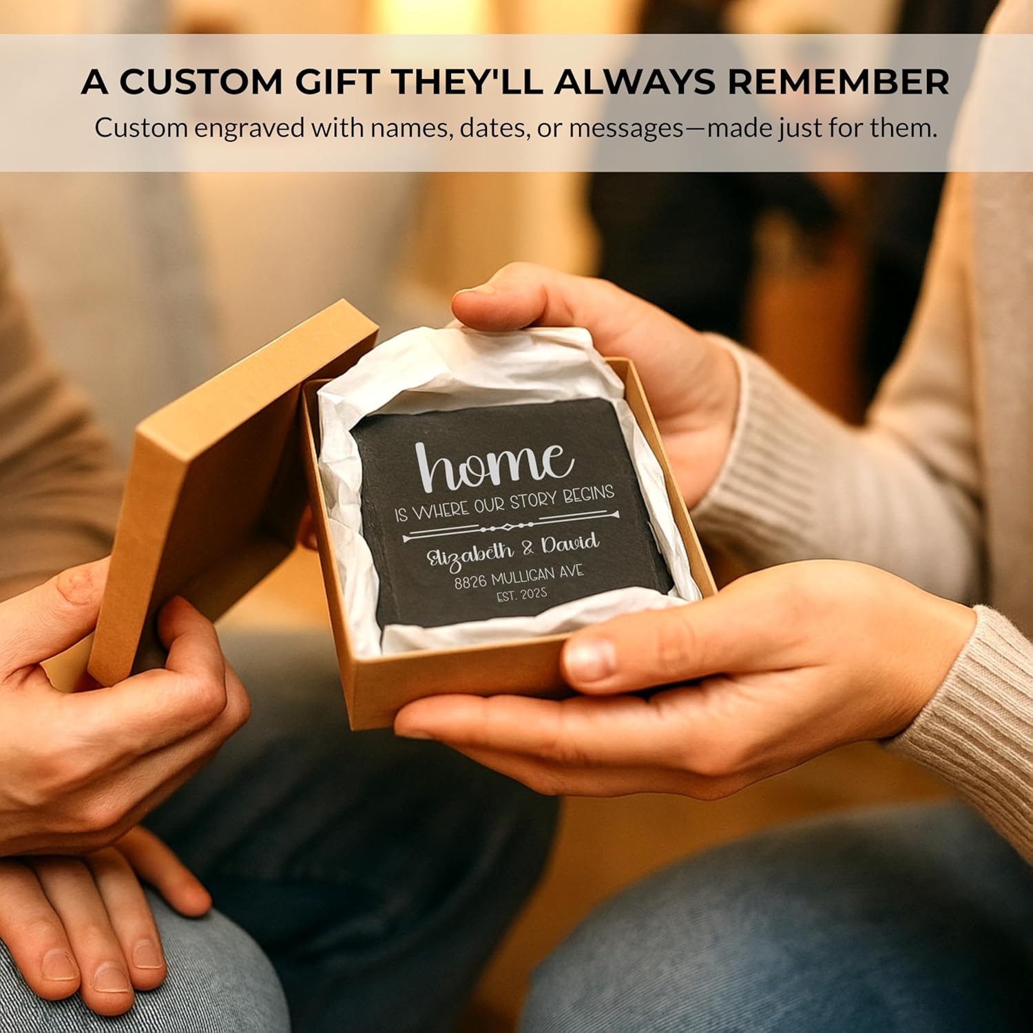 Personalized Coasters Set of 4, 6, 8 Stone | Custom Engraved Square Slate Table Coasters for Drinks | Customized Wedding Gifts for Couples 2026, Bridal Shower, Housewarming Gifts for New Home