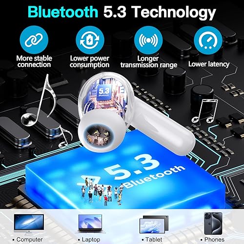 Miniatura 7 de kurdene P3 - Auriculares inalámbricos Bluetooth 5.3, estéreo de graves profundos con micrófono en el oído, auriculares de sonido envolvente premium