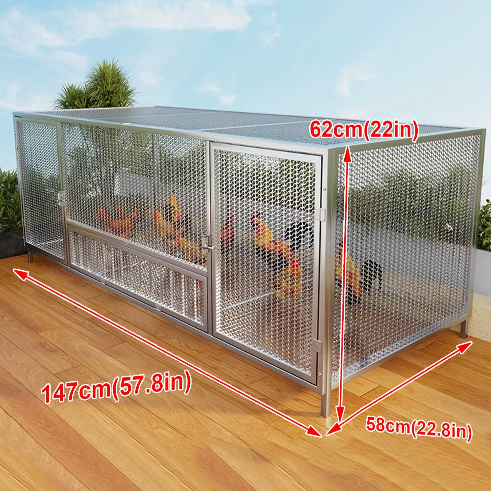 Pollaio in Ferro per Galline Design A Doppia Porta Lunghezza 100/147 Cm Recinto per Galline Da Esterno Serratura, per Polli, Anatre E Conigli(Silver,147 * 58 * 62CM)