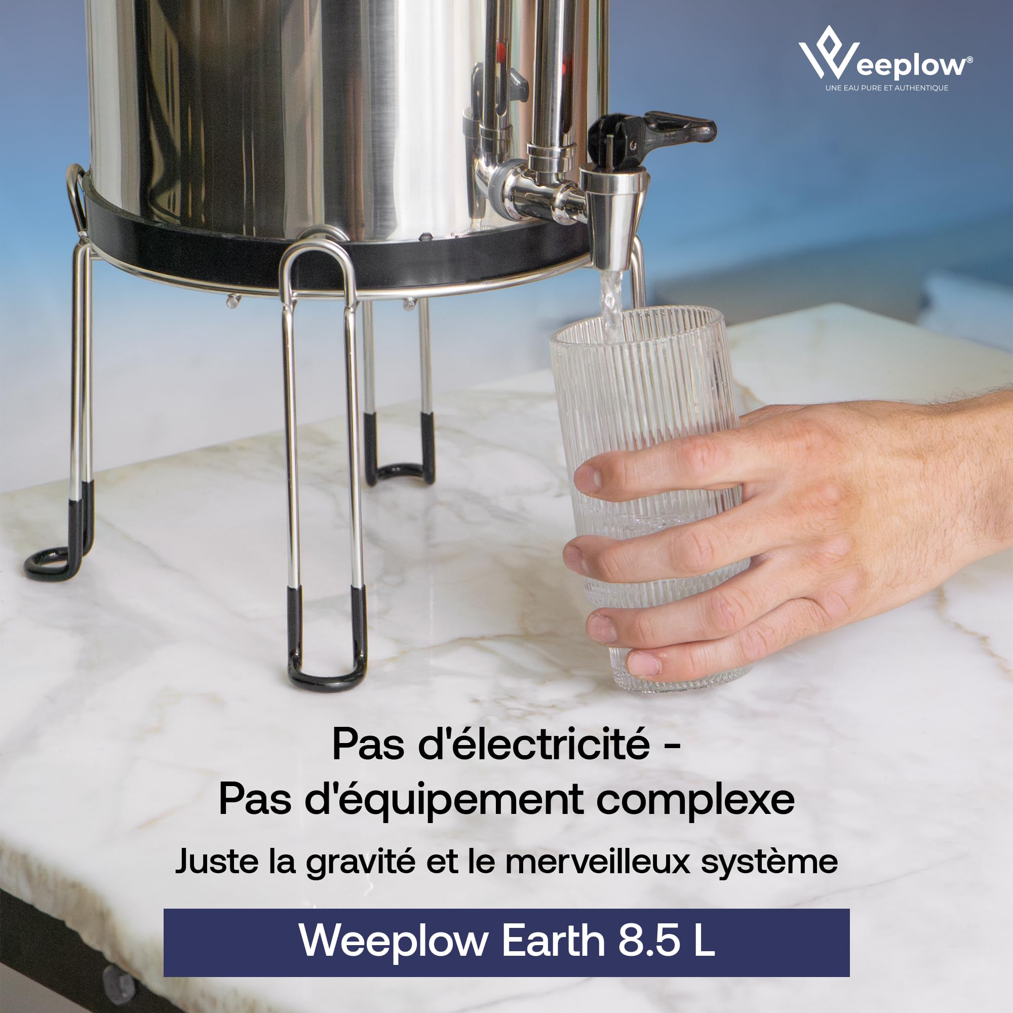 Weeplow® Earth - Système de Filtration d'Eau par Gravité 8,5 Litres AISI 304 avec 2 Eléments de Purification O'Pure 2, Robinet avec Niveau d'Eau et Support Inox Offert
