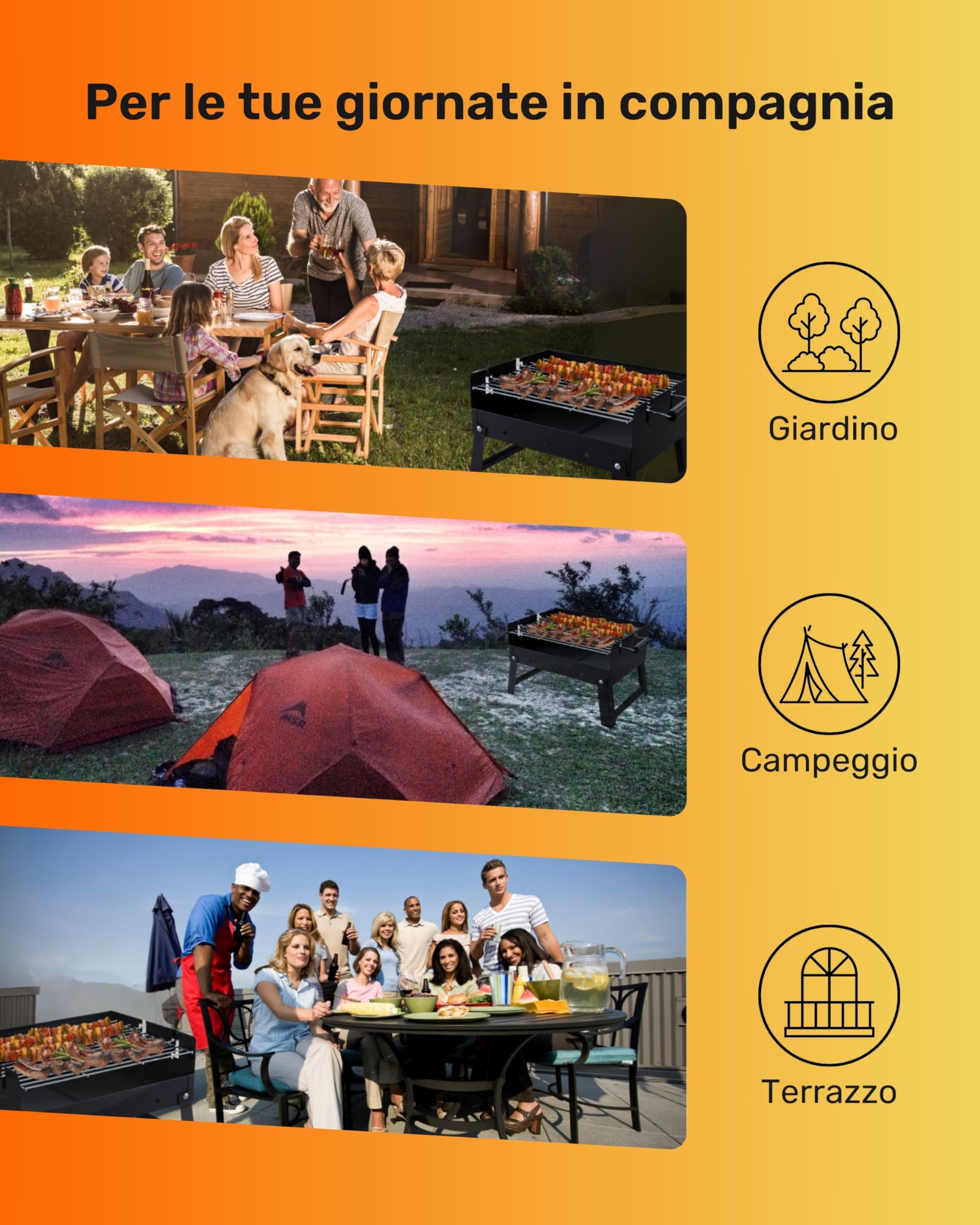 Barbecue Carbonella Portatile GMR Trading - Griglia Acciaio 45,5x35cm, Gambe Pieghevoli, Maniglie Laterali, Compatto per Tavolo, Balcone, Campeggio, BBQ da Esterno