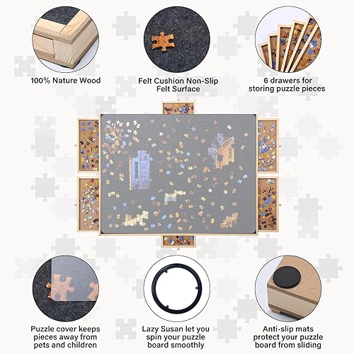 Miniatura 4 de Tablero de rompecabezas de madera de 1500 piezas, 6 cajones, mesa giratoria de rompecabezas de 35 x 27 pulgadas, superficie de fieltro y alfombrilla