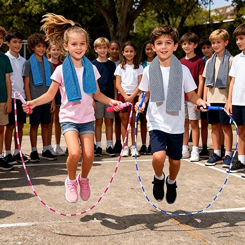 Miniatura 7 de CUTPLAN 2 Kids Jump Ropes & 2 Cooling Towels Set (35"x12") - Adjustable Tangles-Free Segmented Beaded Ropes for Kids 4-12, Ideal for Yoga, Running,