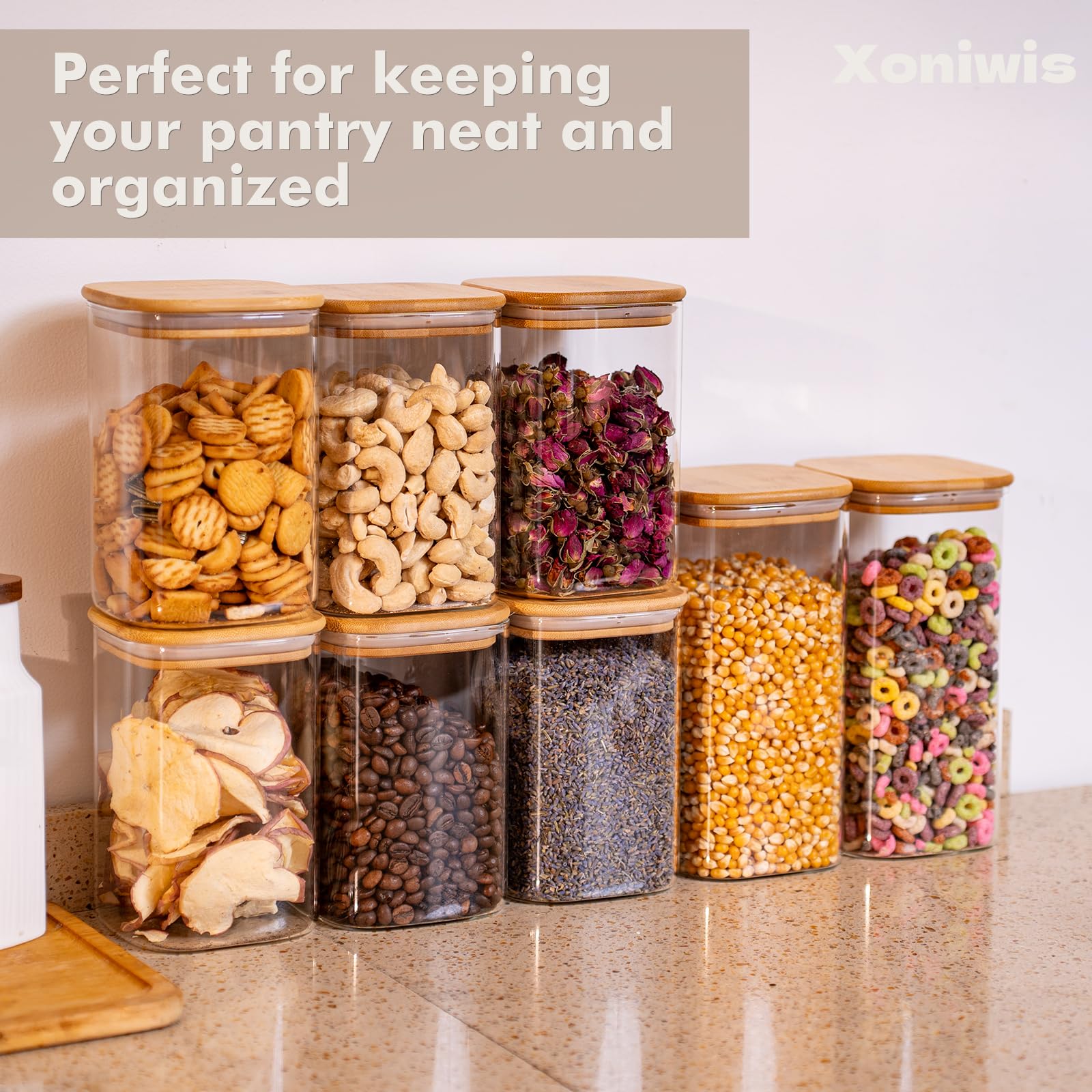 Quadratische Vorratsdosen aus Glas mit Deckel, Vorratsdosen mit Deckel, Vorratsdosen für Speisekammer, Lebensmittel, quadratischer Behälter für Kekse, Nüsse, Snacks, Müsli, Süßigkeiten
