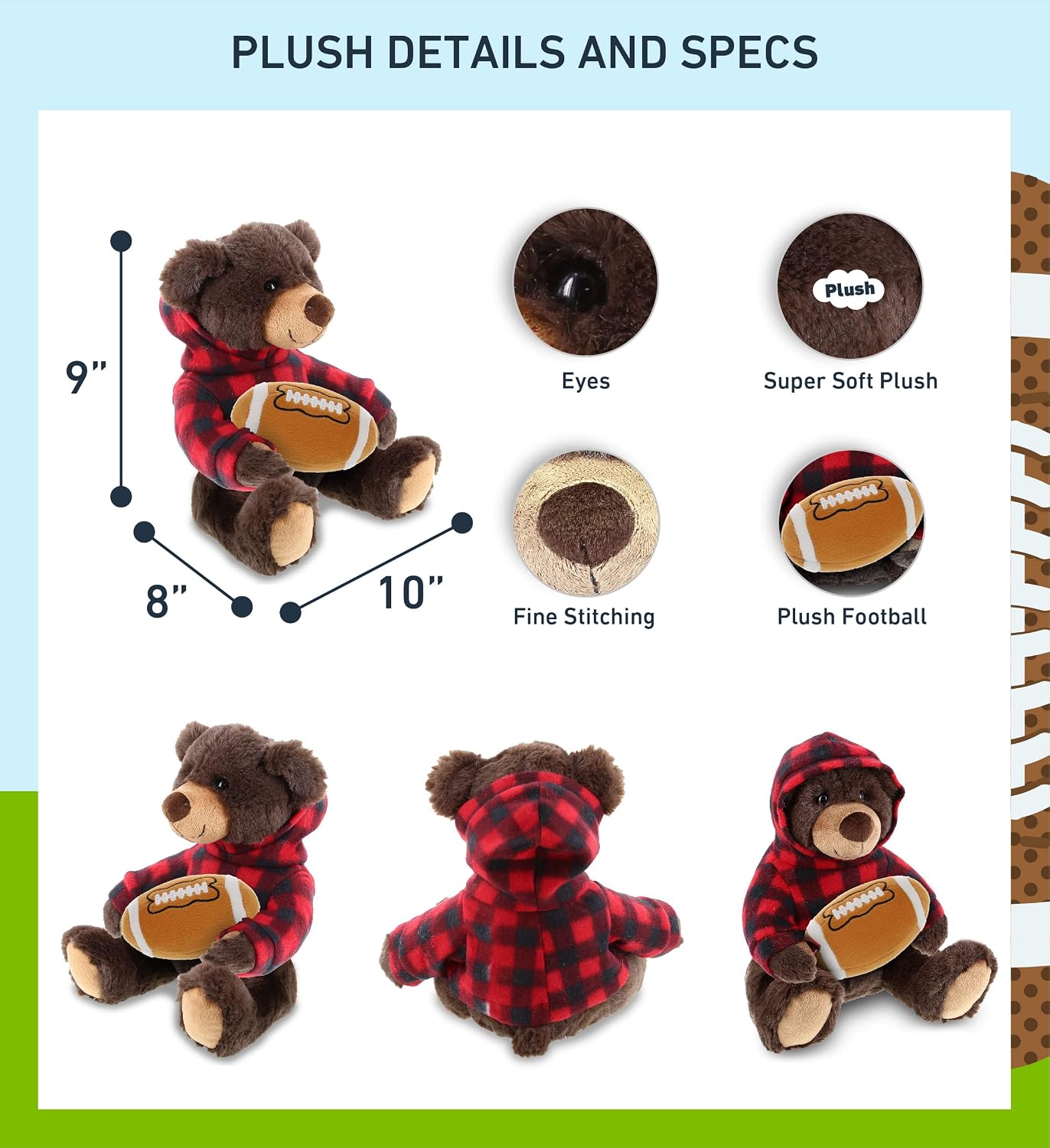 DolliBu Brown Bear Stuffed Animal with Football Plush – Super Soft Huggable Bear with Red Plaid Hoodie, Plush Toy Wildlife Gift for Kids and Adults - 10 Inches