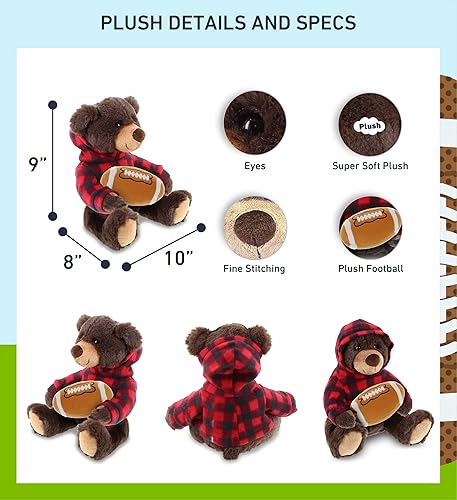 Miniatura 3 de DolliBu Peluche de oso marrón con felpa de fútbol  Oso súper suave para abrazar con capucha a cuadros rojos, juguete de peluche regalo de vida
