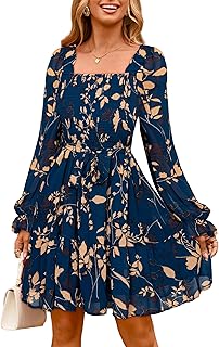 Simplee Womens Boho Long Sleeve Mini Dress Floral Square Neck Smocked A-Line Flowy Short Fall Wedding Guest Dresses