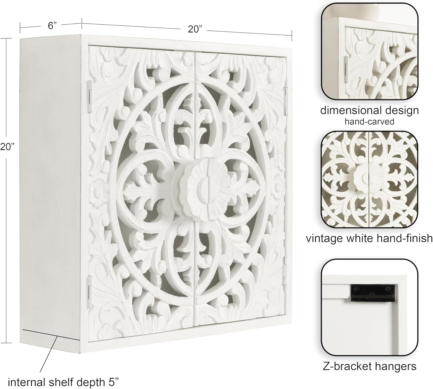 Kate and Laurel Saanvi Traditional Carved Wood Wall Cabinet; 20 x 6 x 20; White; Dimensional Over The Toilet Storage Cabinet for Bathroom Storage and Display