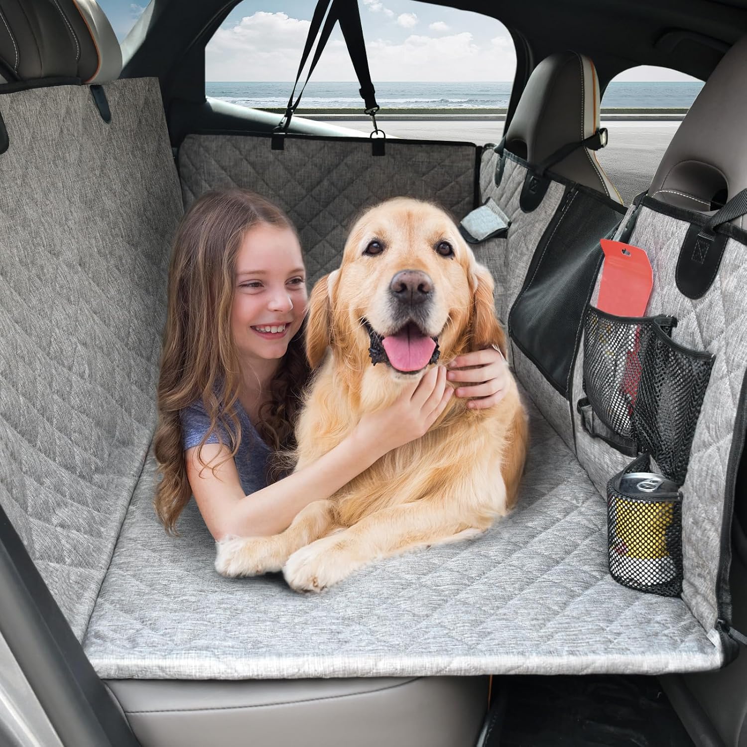 Back Seat Extender for Dogs with Storage, Dog Car Seat Cover Hard Bottom, Back Seat Protector, Removable and Washable Dog Hammock for Car Heavy Duty SUV Truck (Dark Grey)