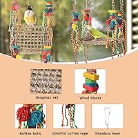 Vista 4 de Juguete de pared de forrajeo de pájaros, juguetes para masticar loros, hamaca tejida de hierba marina con cuerdas de colores, bloques de madera
