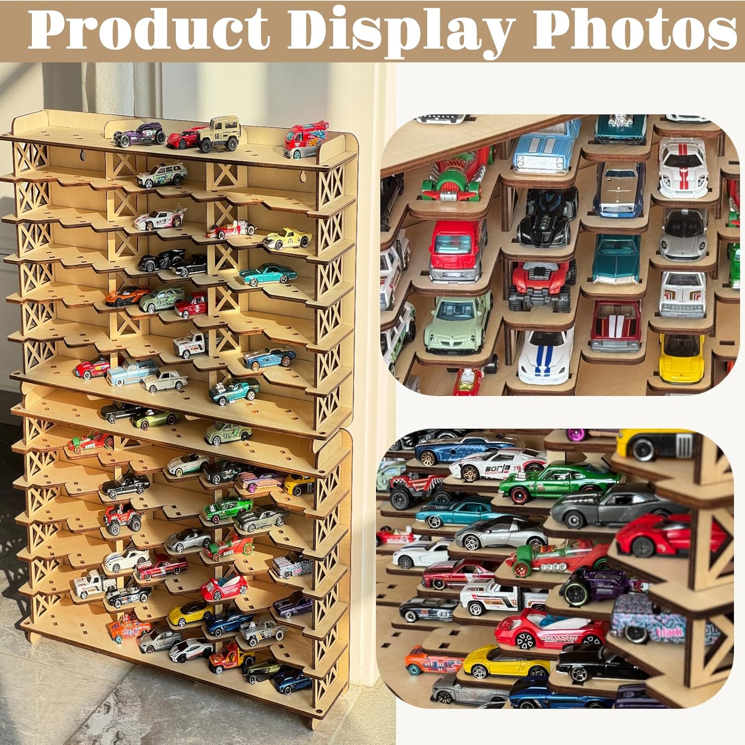 Wood Toy Car Display Rack, Holds 56 Diecast Cars Model Car Display Case 1/64 Scale Toy Cars Organizer Freestanding or Wall-Mounted Toy Car Storage Cabinet (Requires Assembly) (Wood, Large)