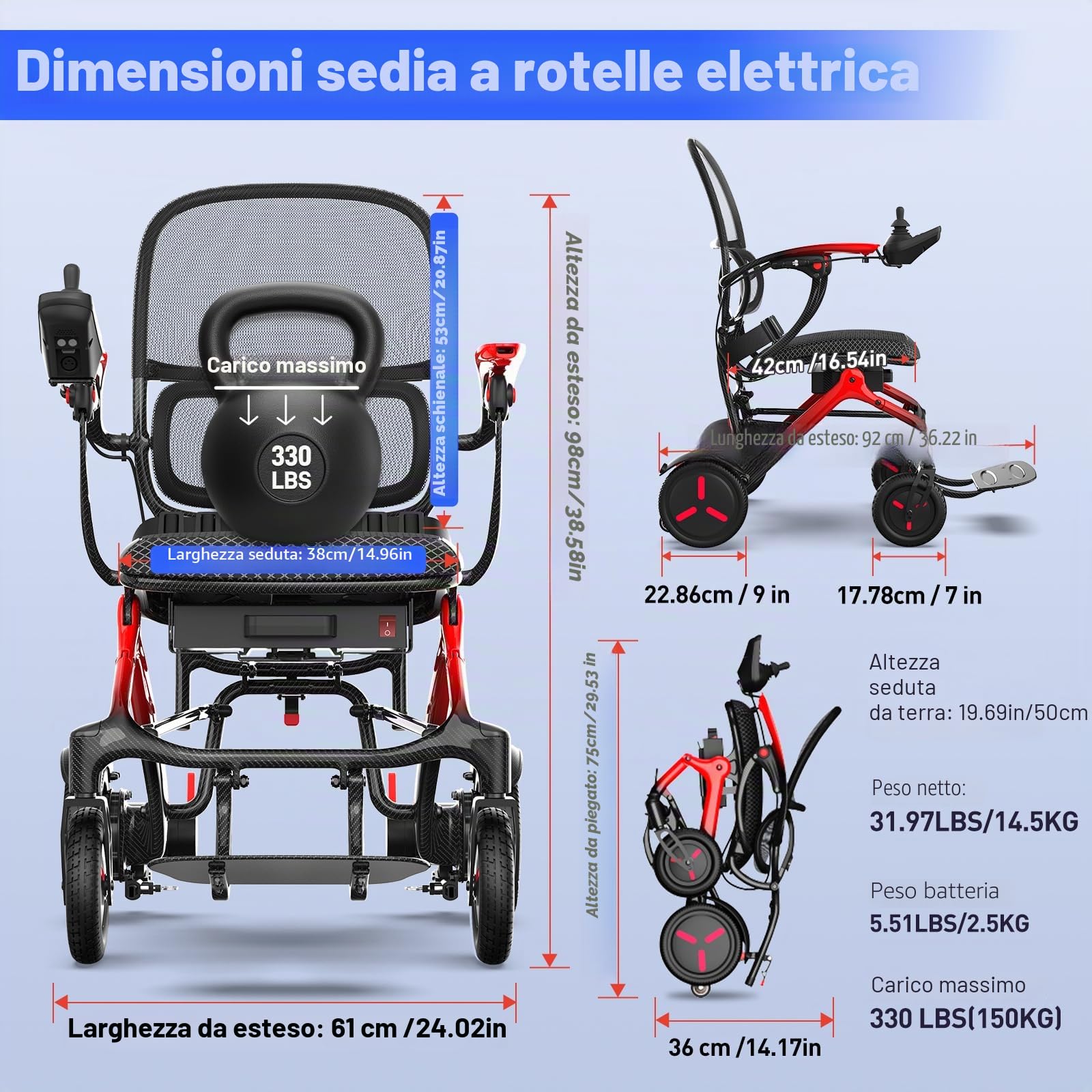 Sedia a rotelle elettrica pieghevole leggera carbonio: 25 Chilometro sedia a rotelle elettrica con pneumatici antiforatura - sedia a rotelle elettrica con schienale traspirante fino a 150 kg