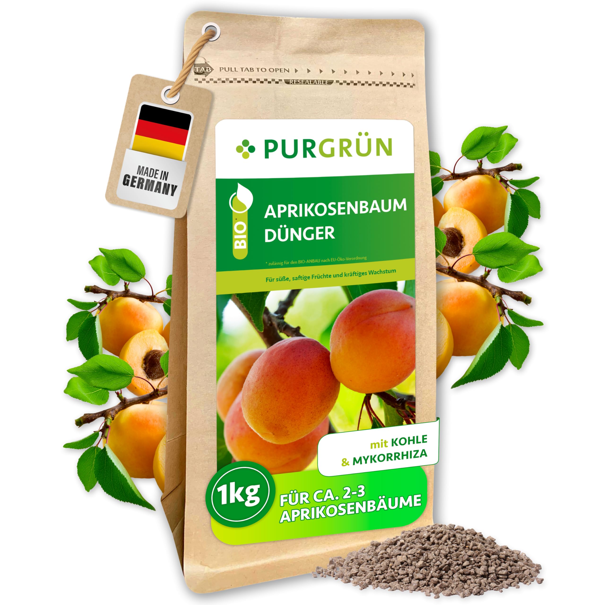 Bio-Aprikosenbaum-Dünger 1 kg – Organisch-mineralische Rezeptur – Feinkörniges Krümelgranulat – NPK 6+4+5 – Mit Magnesium für süße Aprikosen – Verbessert die Bodenqualität