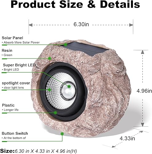 Miniatura 5 de Luz solar de roca para exteriores, paquete de 2 unidades, imitación de roca IP65 impermeable LED súper brillante para cubierta, escalera, jardín de