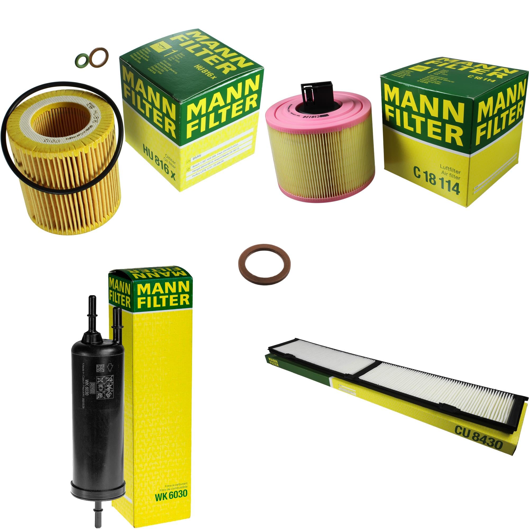 Paquete de inspección Kit de mantenimiento de filtros con filtro de aceite HU 816 x, filtro de aire C 18 114, filtro de combustible WK 6030, filtro de habitáculo CU 8430, anillo de sellado