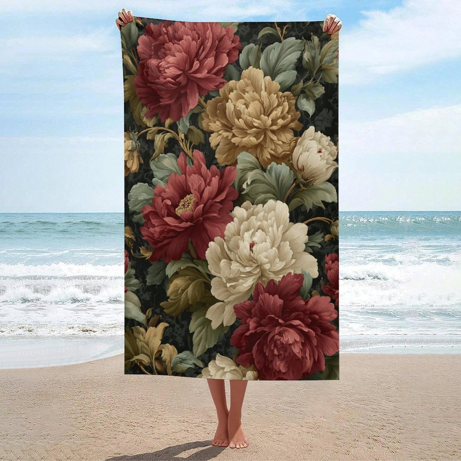 LSRCPD Vintage Botanical Large Blooming Flowers Beach Towel Sand Free Microfiber Large Shower Towels Multipurpose Absorbent for Bathroom Pool 130x80 CM
