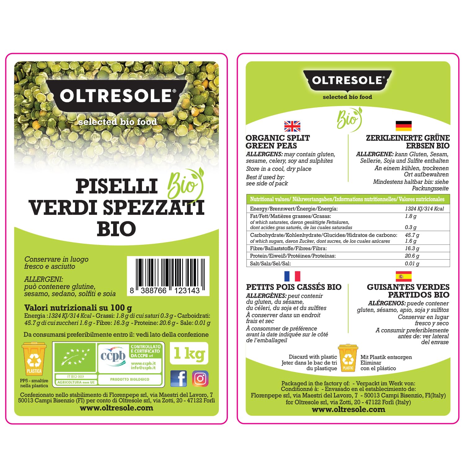 Oltresole, Pois verts fendus biologiques 1 kg, Légumineuses sèches décortiquées et fendues biologiques, pas de trempage nécessaire, source de protéines, idéal pour les soupes, Ideal Family Pack