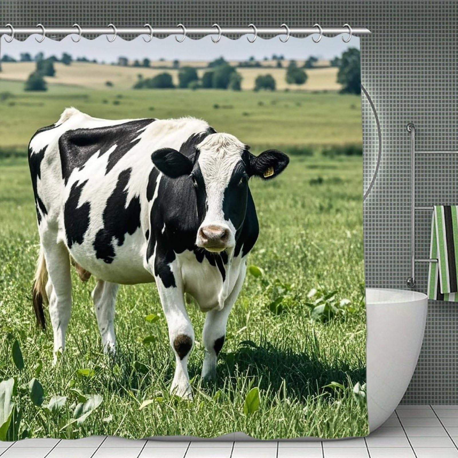 QMNLKH Cartoon Milk Cow Shower Curtain with Hooks, Waterproof Bath Curtains for Bathroom, Lightweight Bath Curtains Liner for Hotel, Personalized Bath Curtain for Spa, 70.8 Inch