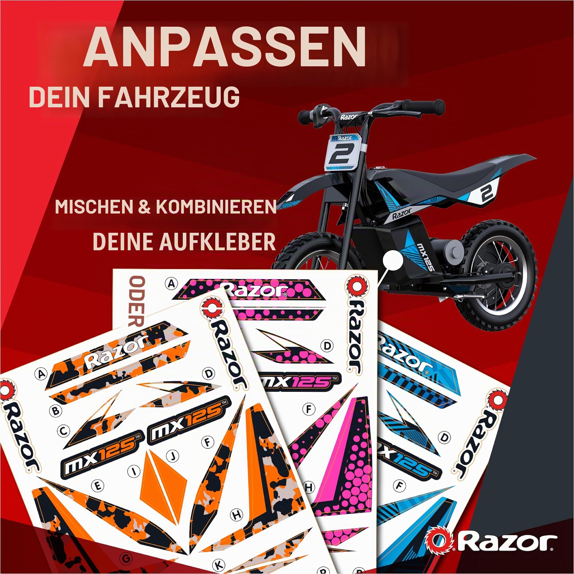 Razor – MX125 Dirt Rocket Elektrisches Dirtbike mit Aufklebern für Kinder ab 7 Jahren, 8 Meilen pro Stunde Höchstgeschwindigkeit und 40 Minuten Fahrzeit, 12 V 5 Ah Batterie