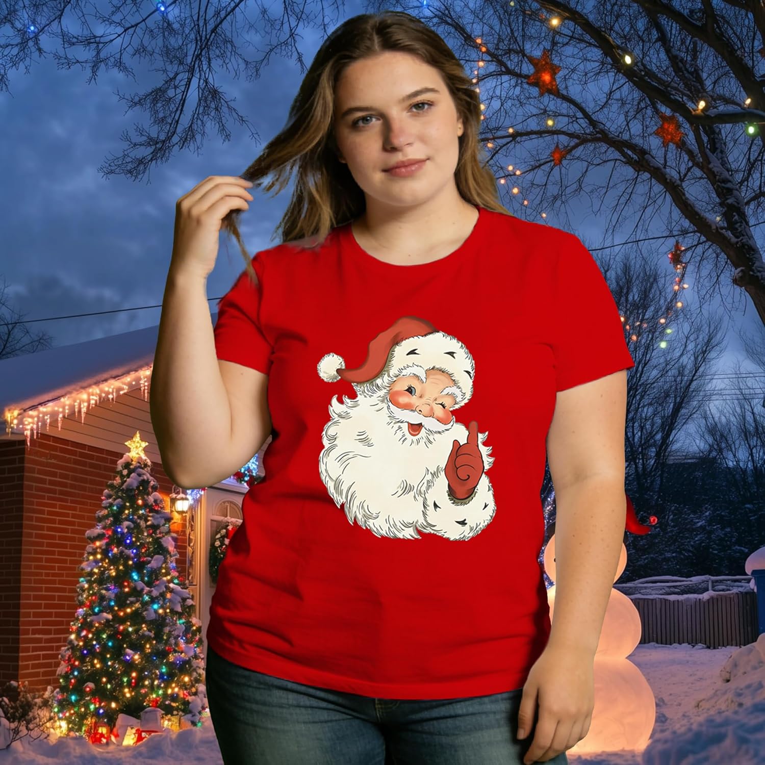 Plus Size Christmas Shirts for Women Santa T-Shirt Xmas Holiday Tee Tops - Image 3