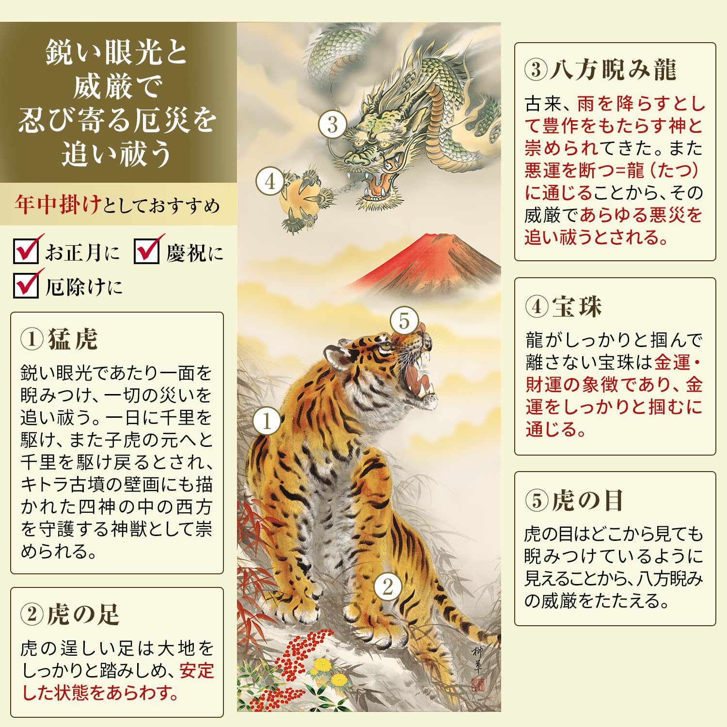 Amazon｜掛け軸 開運画 龍 竜 たつ 辰 干支 正月 赤富士龍虎図 芦田柳