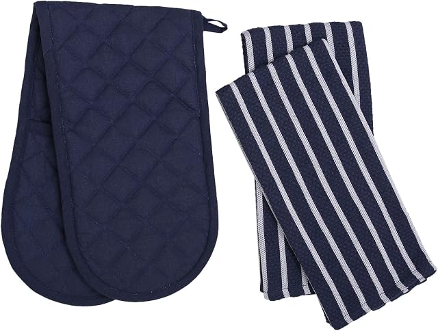 Penguin Home® - 3 Piece Oven Glove & Tea Towel Set - 100% Cotton Stylish Design & Colour - Soft, Durable & Super Absorbent - Machine Washable - Navy