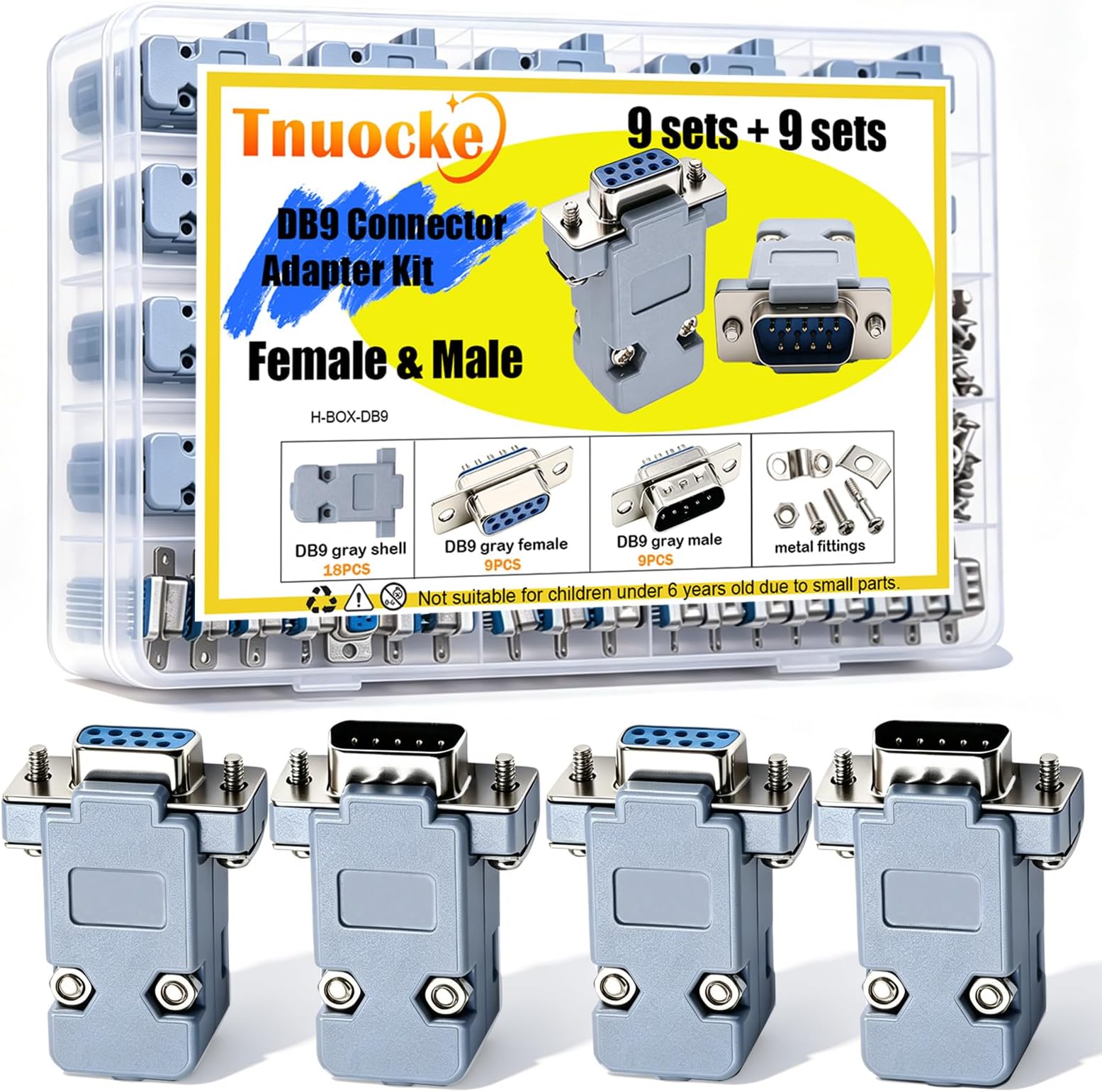 18Pack DB9 Connector Adapter Kit, 9 Pin D-SUB Male/Female Solder Cup Connectors, Tin Plated Housing, Lightweight Gray Plastic Hoods, Individually Bagged