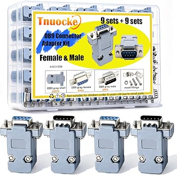 18Pack DB9 Connector Adapter Kit, 9 Pin D-SUB Male/Female Solder Cup Connectors, Tin Plated Housing, Lightweight Gray Plastic Hoods, Individually Bagged