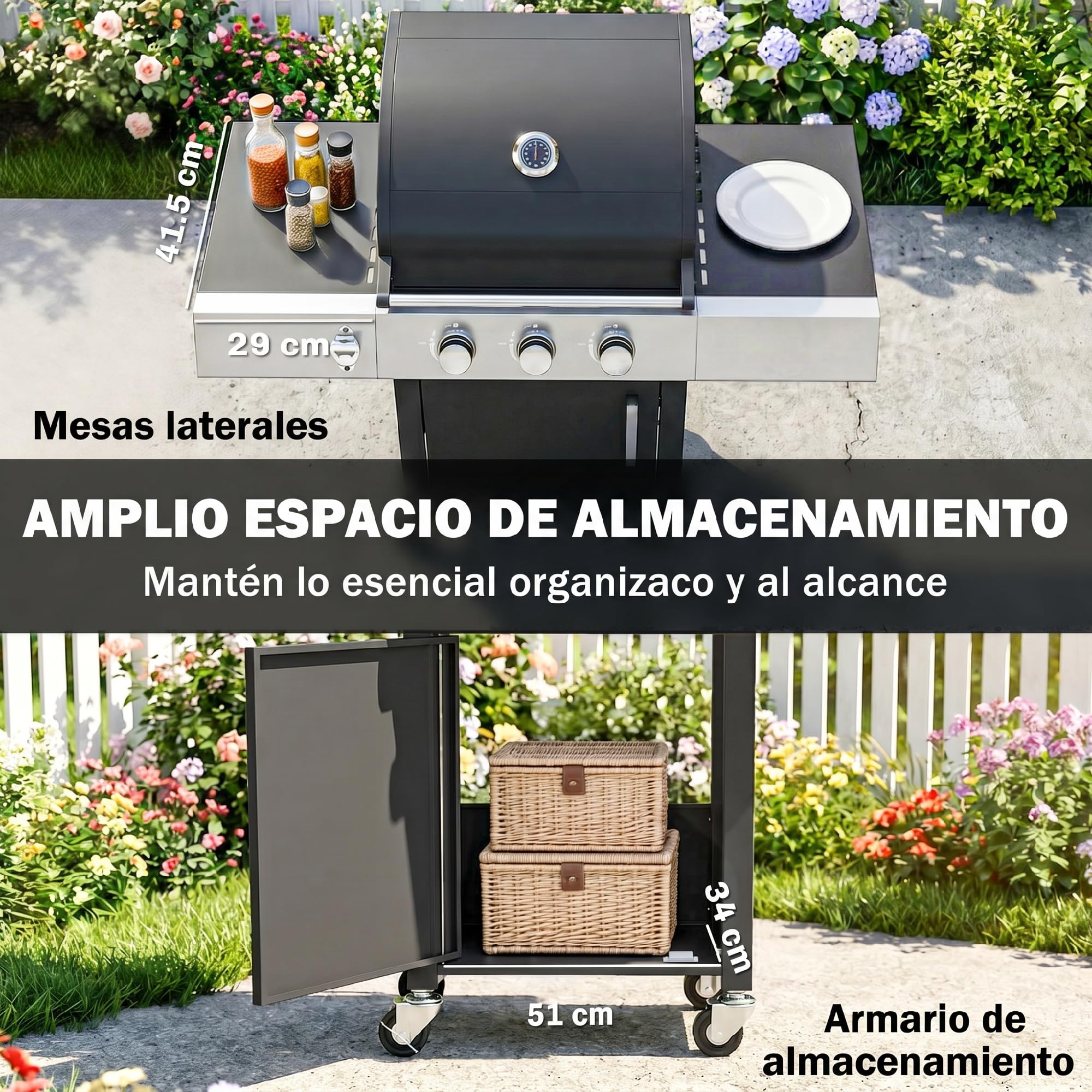 Outsunny Barbacoa de Gas BBQ Gas con 3 Quemadores 8,1 kW Barbacoa Portátil con Termómetro Mesas Laterales Armario Rejilla Calentadora Parrillas de Hierro Fundido Recogedor Grasa y 4 Ruedas Negro