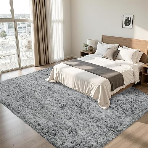 Vista 3 de Alfombra de Área 8x10 para Sala de Estar: Alfombras Shag Gris Claro Ultra Suaves y Esponjosas, Alfombra Grande Difusa de Felpa