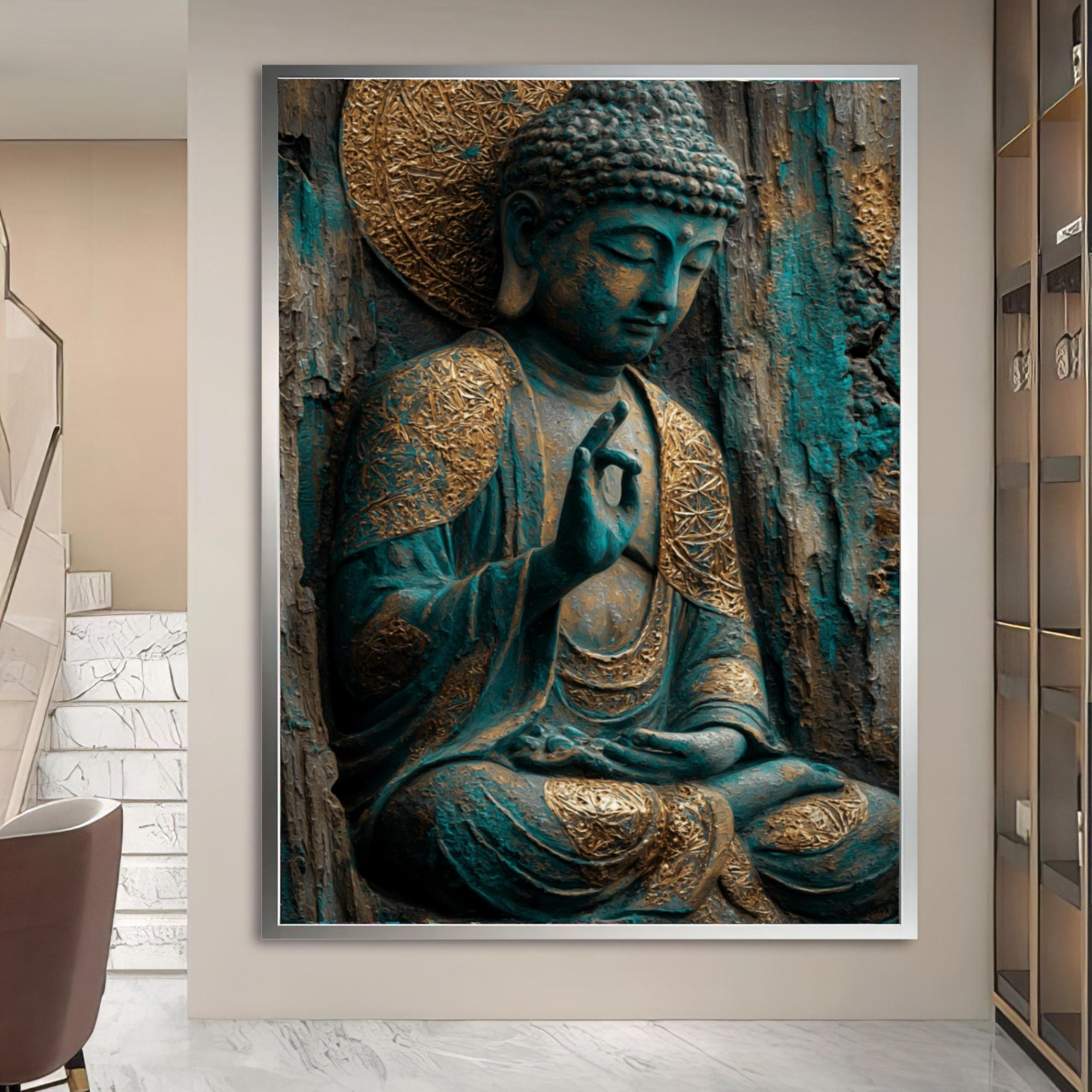 XBTYKPB Cuadro de pared con imagen de Buda meditando sereno, decoración espiritual para yoga, pintura de estatua de Buda zen, lienzo en tonos dorados y turquesa, para la mente (70x100cm/sin marco).