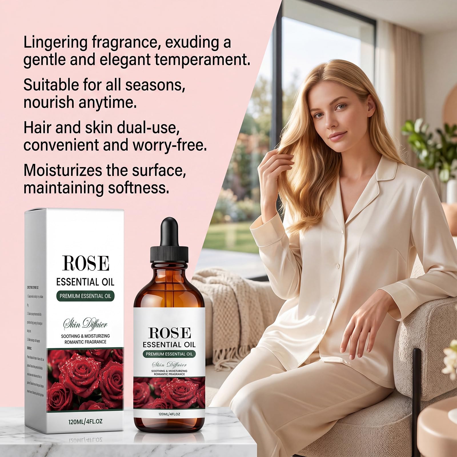 Huile multi-usage parfumée à la rose - Huile hydratante pour les cheveux et le corps pour contrôler les frisottis, lisser l'hydratation légère, soins quotidiens non gras (5PCS)