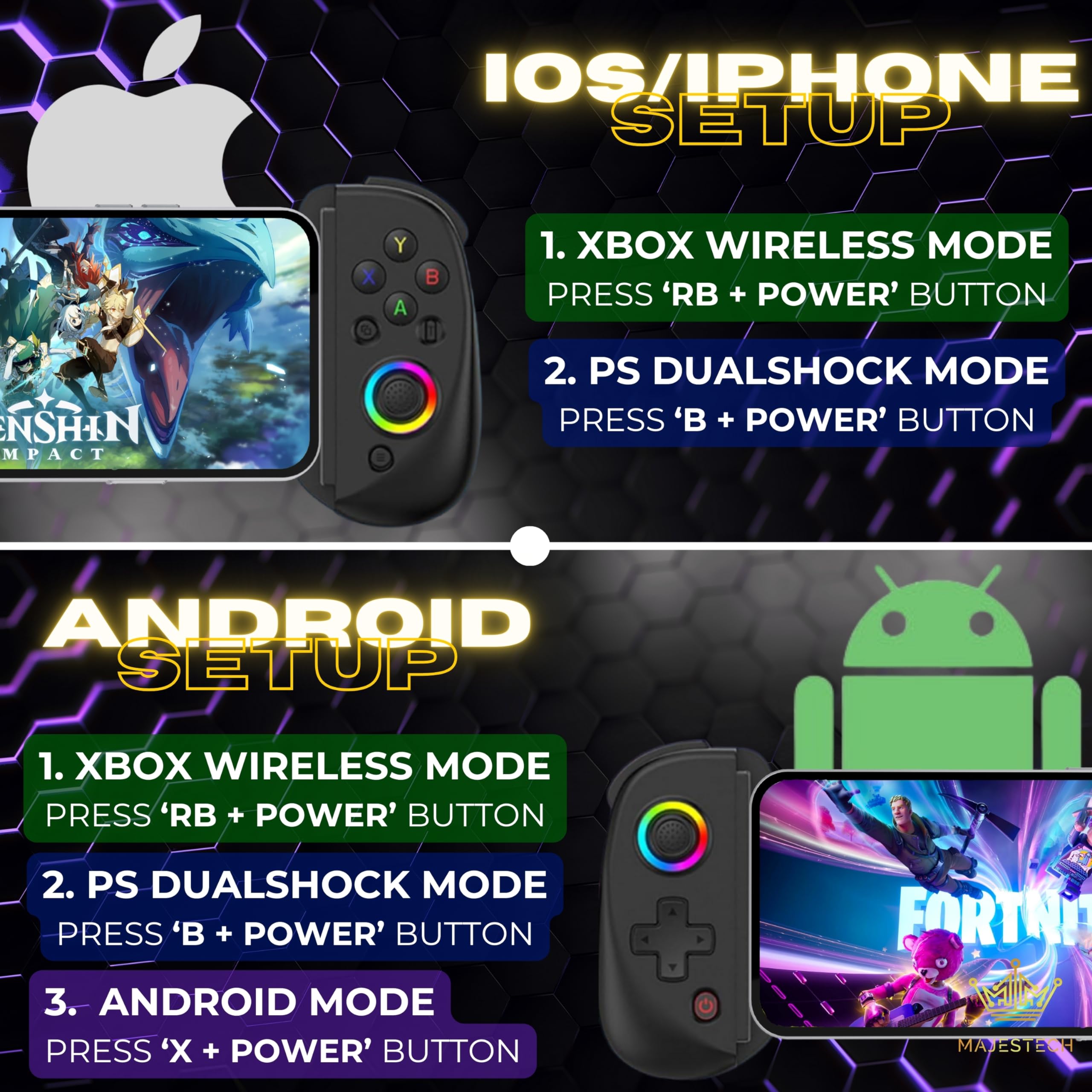 MAJESTECH NEW D8 Mobile Gaming Controller for iPhone/Android/iPad/Tablet, Play Xbox Cloud, Playstation Remote Play, Steam/PC, Switch! RGB Hall Joystick/Trigger Wireless Bluetooth Phone Game Controller
