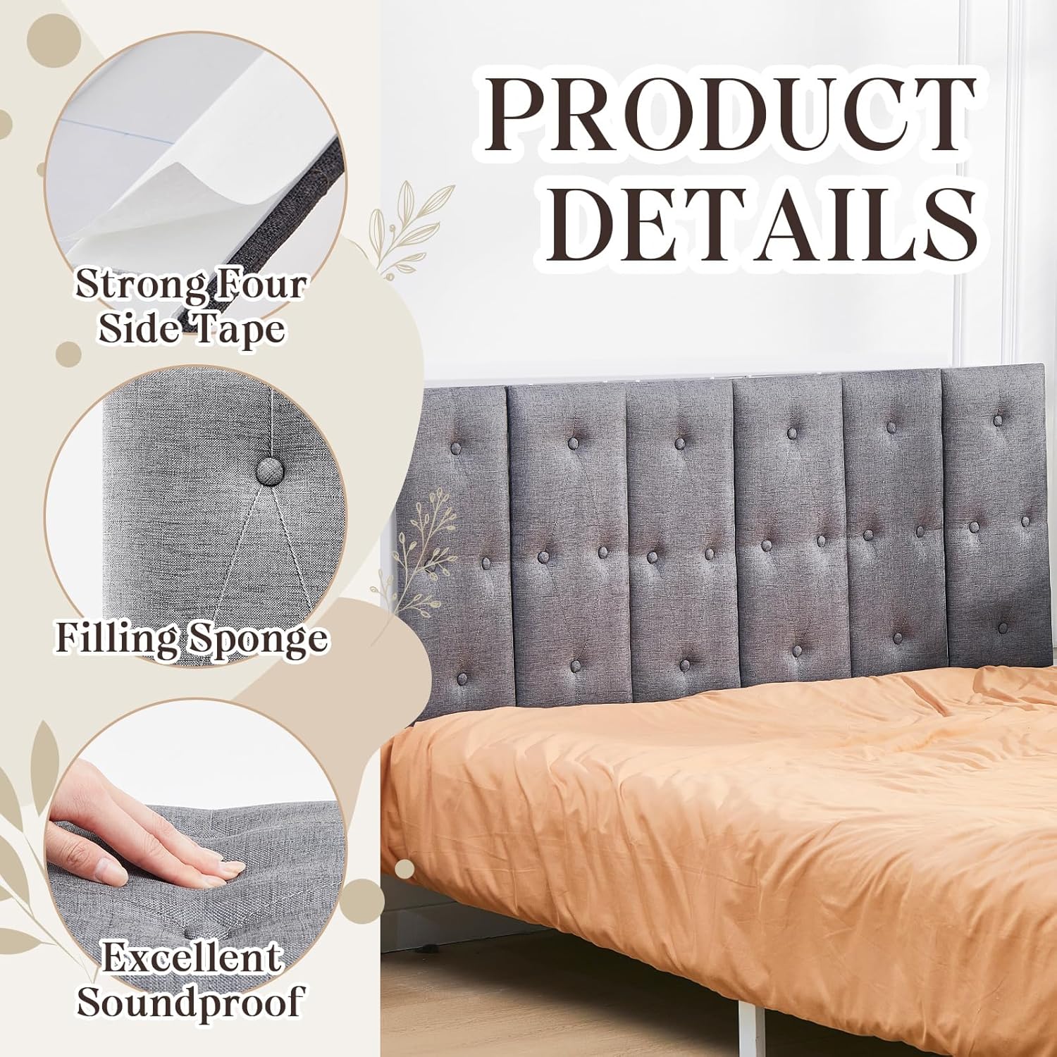 Juexica 9 Pcs Peel and Stick Headboard Soundproof Queen Headboard Tufted Floating Headboard Upholstered Wall Mount Headboard Padded Wall Panels for Bedroom Dorm Bed, Gray, 23.62 x 9.84 Inches