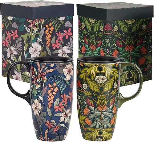 TZSSP Taza de cerámica para café, taza de té con leche de porcelana con tapa, 17 oz.Blue y Green, 2PCS