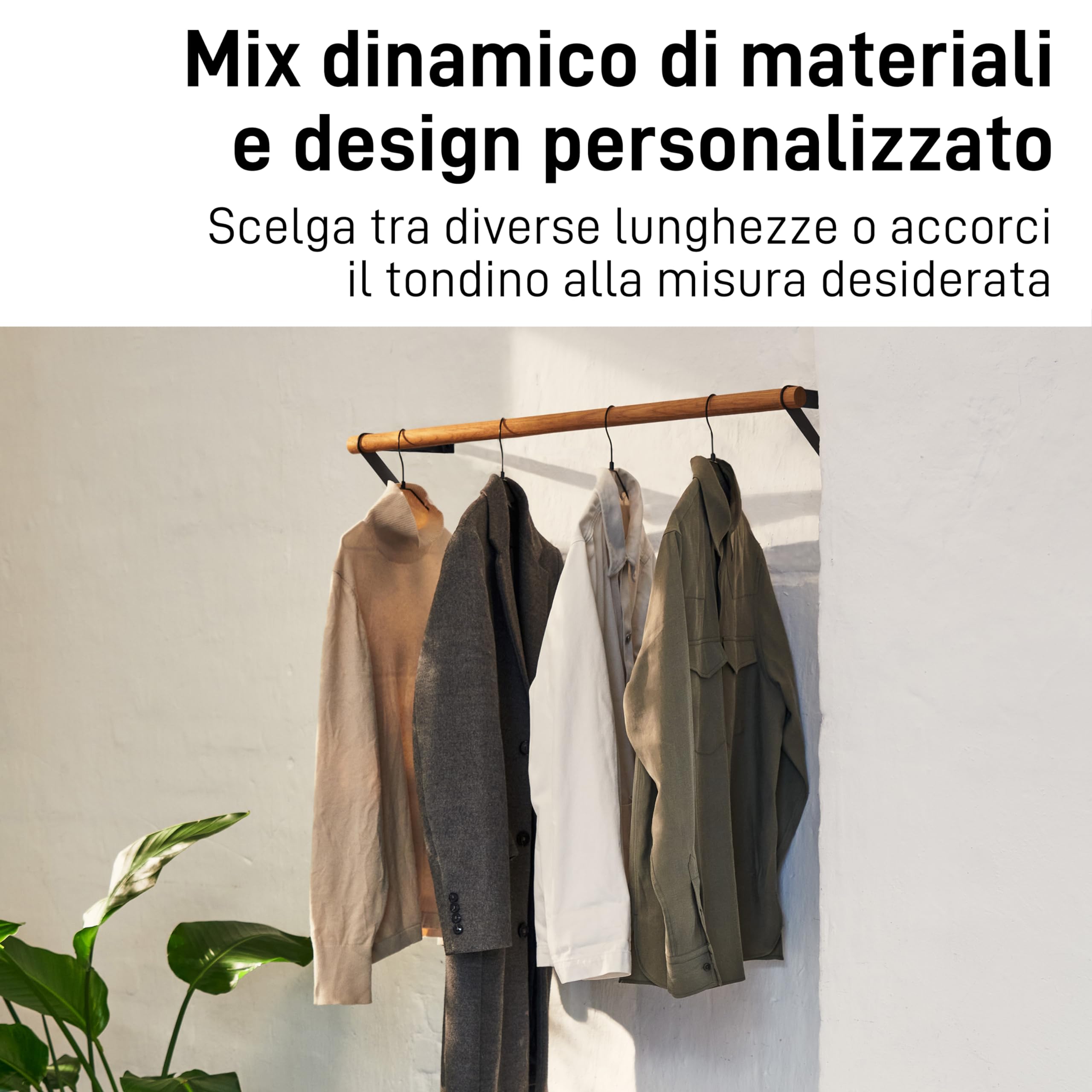 Natural Goods Berlin Appendi-Abiti da Muro Design GARD REINICKENDORF | Montaggio a Parete | Supporti per Asta per Abiti in Metallo in Negro | 100cm Barra Rotonda in Legno di Rovere Europeo