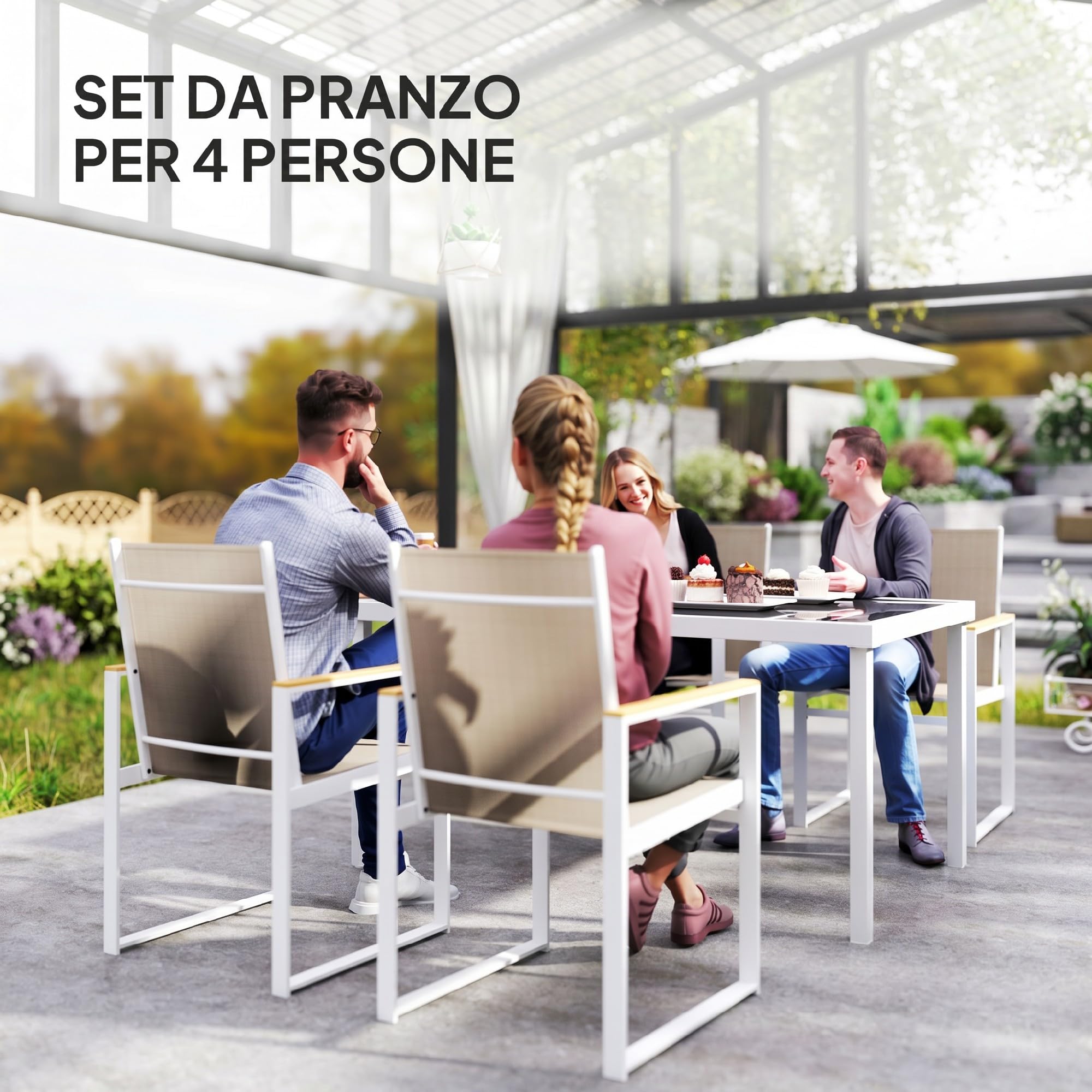 Outsunny Set Tavolo da Giardino con Sedie da 5 Pezzi in Vetro Multicolore | Set da Pranzo, 4 Sedie da Esterno con Braccioli e Schienale Alto, Set di Mobili in Acciaio e Textilene