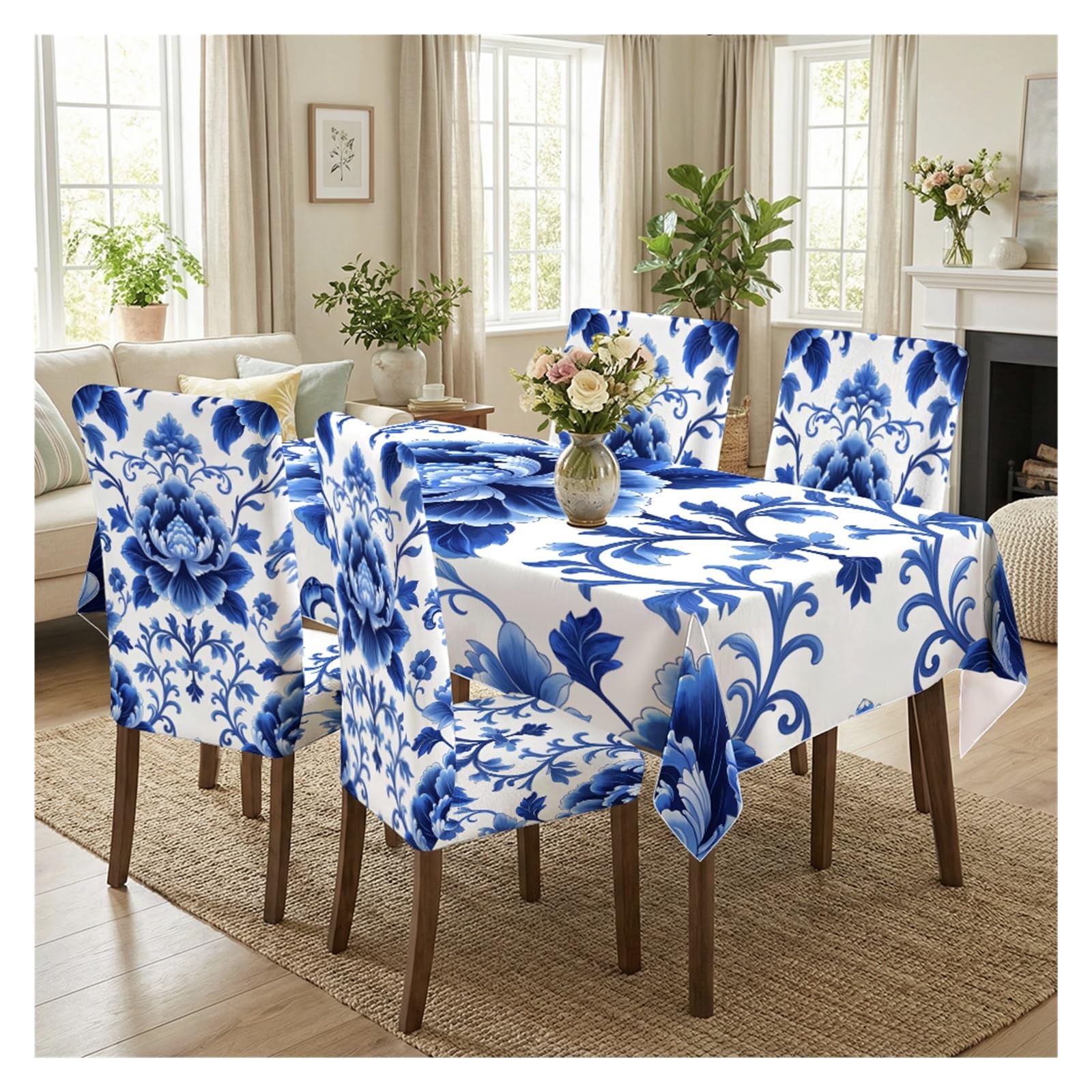 KXUAUV Chinoiserie Blue White Peony Dining Tablecloth & Chair Covers Set, 5/7 Pack Stretch For Daily Meal, Banquet, Holiday Dinner, Party, Home Decor Party Decor(5pcs Set: Tablecloth+Chair Covers)