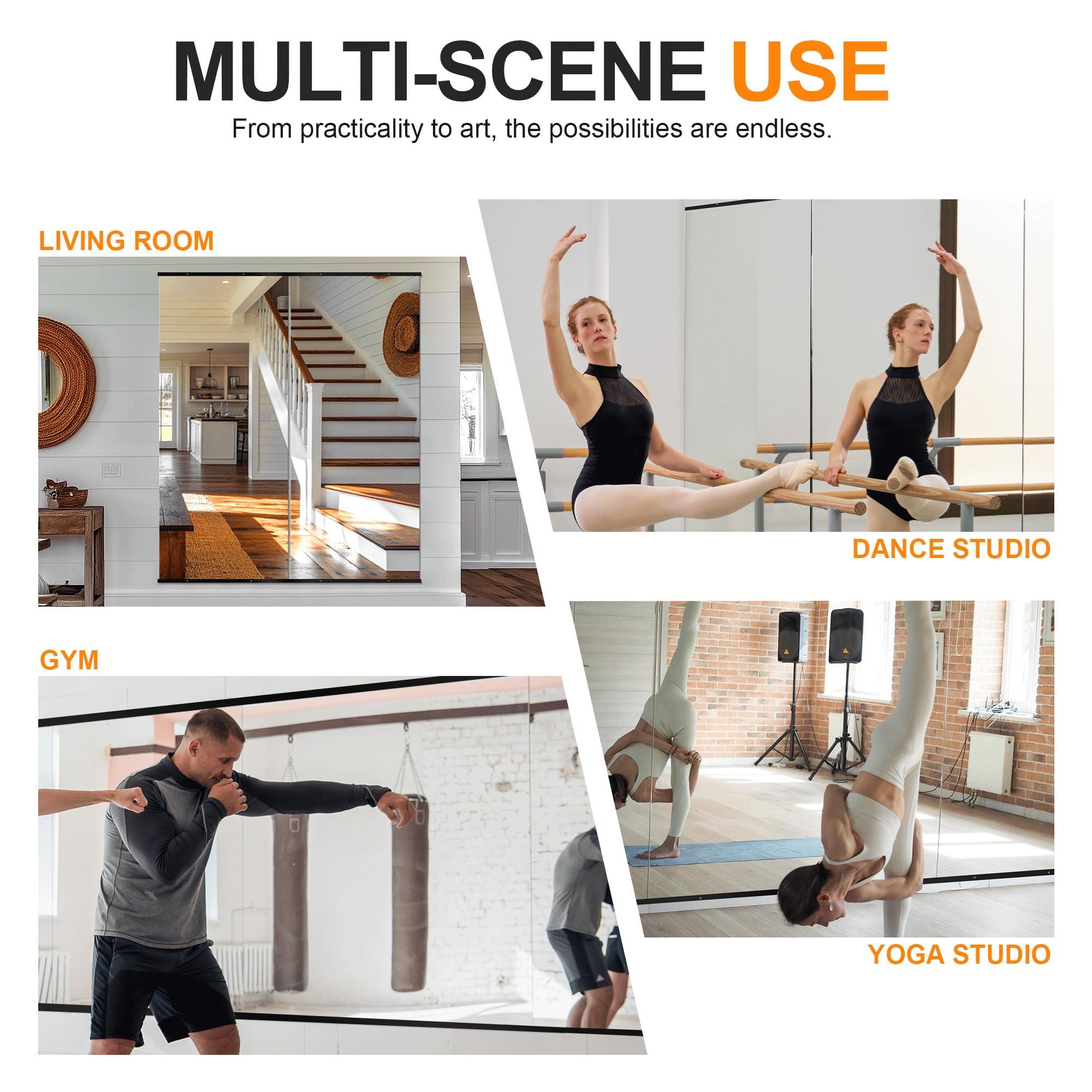 Delma Espejo grande de cuerpo completo para yoga, panel de vidrio montado en la pared sin marco (60 x 25 pulgadas, negro) 2 piezas para el hogar, garaje, dormitorio y baño