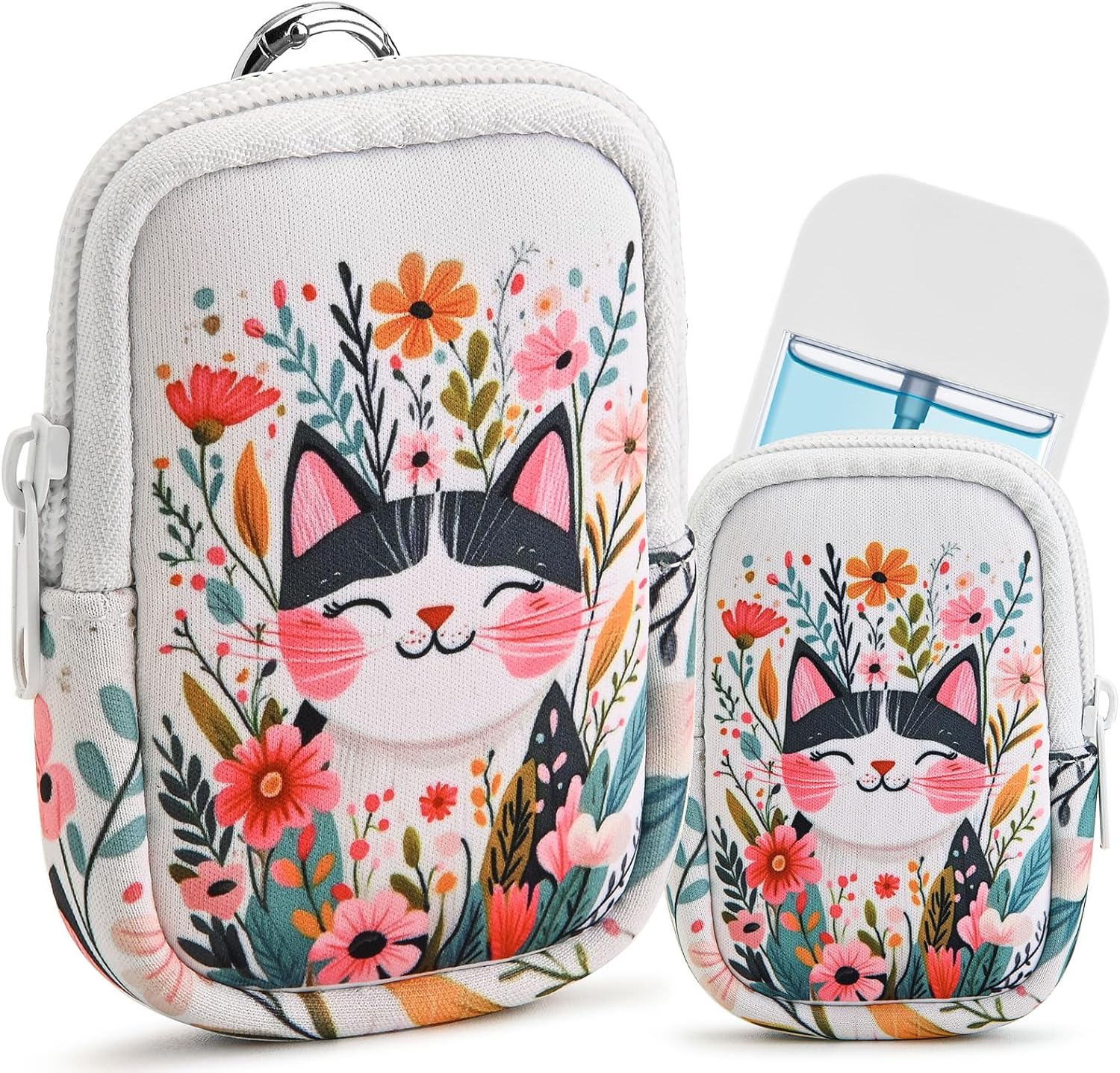 Cat Hand Sanitizer Spray Case, Portable Hand Sanitizer Holder, Mini Pouch, Zippered Pouch Case, Fashion Accessory with Snap Hook 1FL OZ Smile