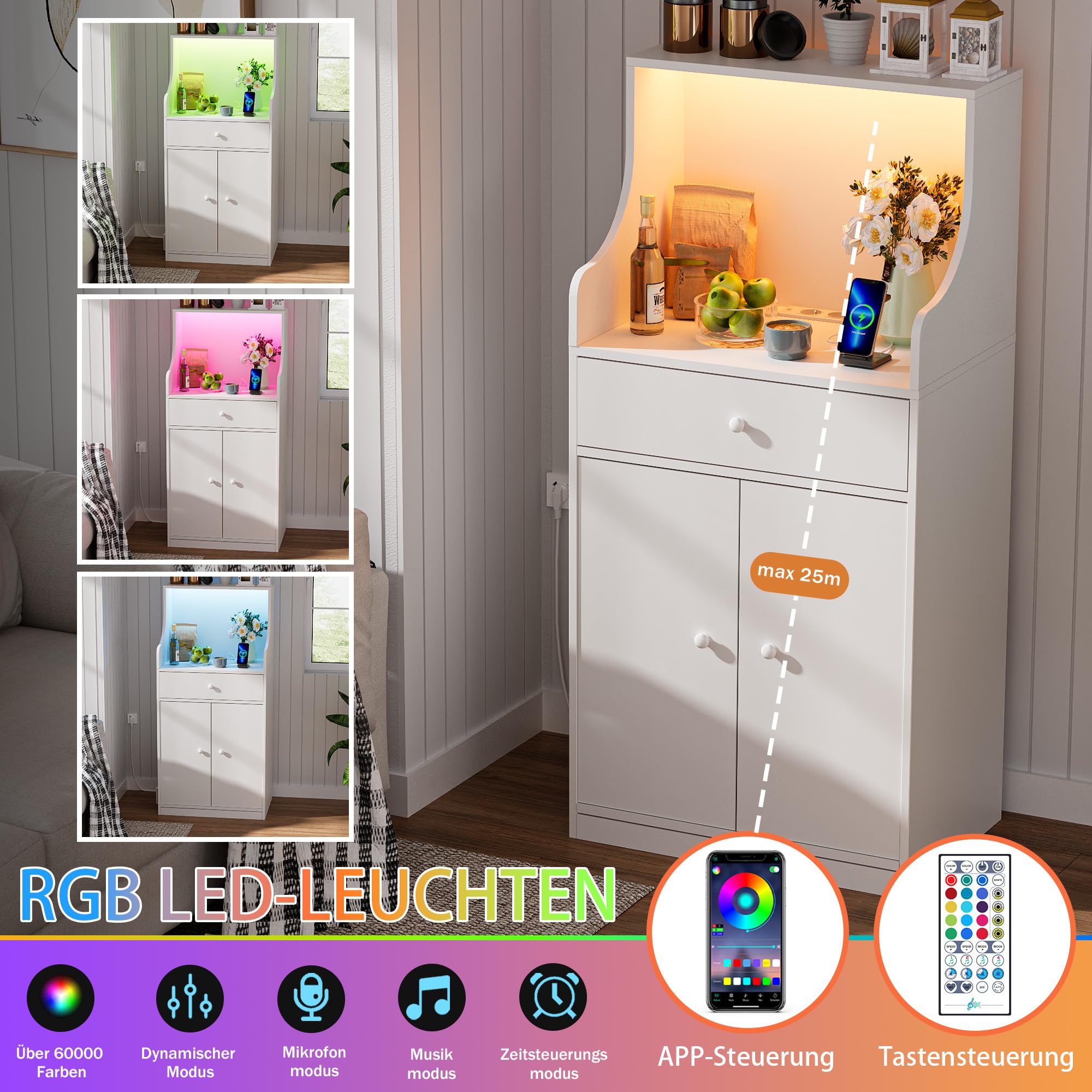 Küchen Möbel Küchenschrank Buffetschrank mit Steckdose und LED-Lichtleiste Küche Sideboard mit 1 Schubladen 1 Großer Schrank und Mikrowellenregal 60x 40x123 cm Anrichte für Esszimmer, Wohnzimmer Weiß