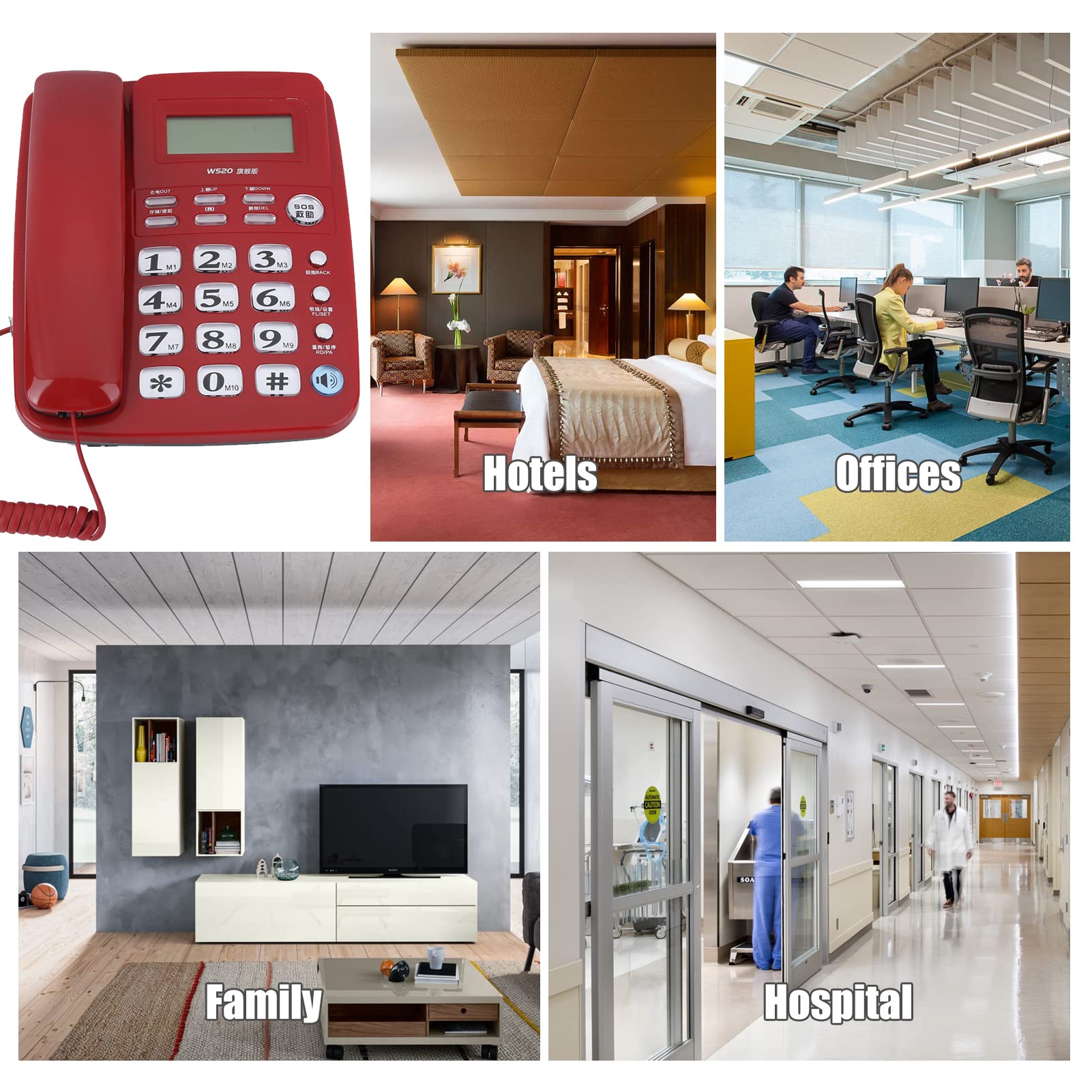 W520 Telefono Fisso con Filo Pulsante Grande Telefono Vivavoce per Ufficio Domestico con identificazione del chiamante per Affari di Famiglia(Rosso)