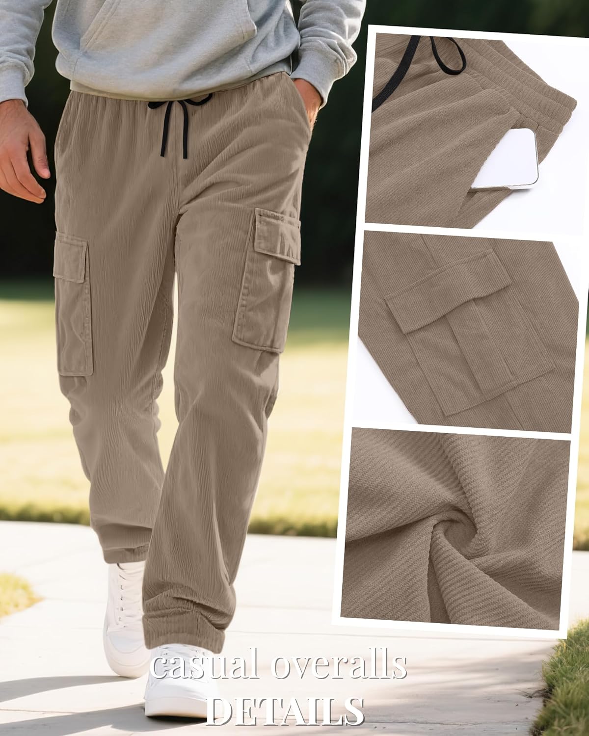 Men's Corduroy Cargo Pants Drawstring Elastic Waist Baggy Sweatpants Casual Loose Fit Wide Leg Pant with Pockets - Image 3